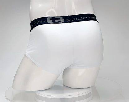 White cotton briefs with a black elastic waistband featuring the wildman brand logo wildmant cotton monster cock brief white