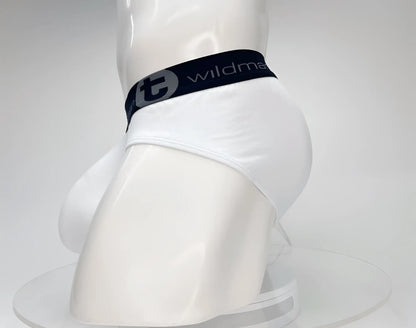 White cotton briefs with black elastic waistband featuring wildman logo and stylized t emblem wildmant cotton monster cock brief