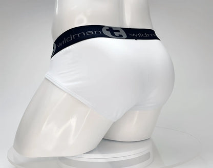 White men’s cotton briefs with black elastic waistband featuring wildman logo in gray wildmant cotton monster cock brief white