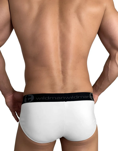 White men’s cotton briefs with black elastic waistband featuring wildman brand logo for comfortable wear