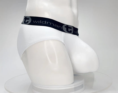 White men’s cotton brief with wildman brand logo and black elastic waistband featuring circular t emblem