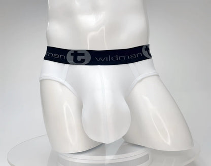 White men’s cotton briefs with black elastic waistband featuring wildman brand logo from wildmant cotton monster cock brief white