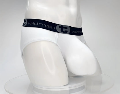 White men’s cotton briefs with black elastic waistband featuring wildman brand name and logo in gray