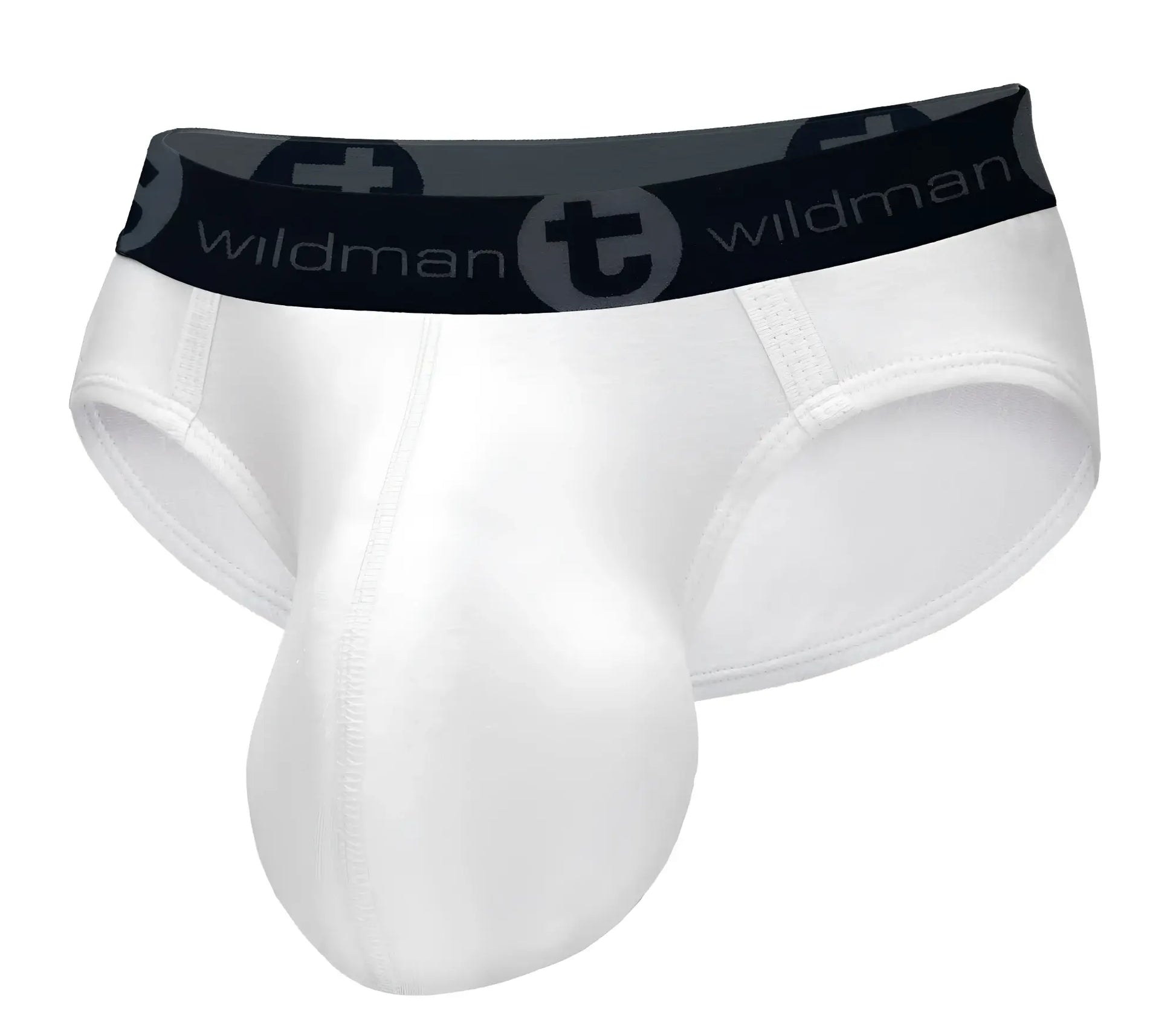 White men’s cotton briefs with black elastic waistband featuring wildman logo and circular t emblem