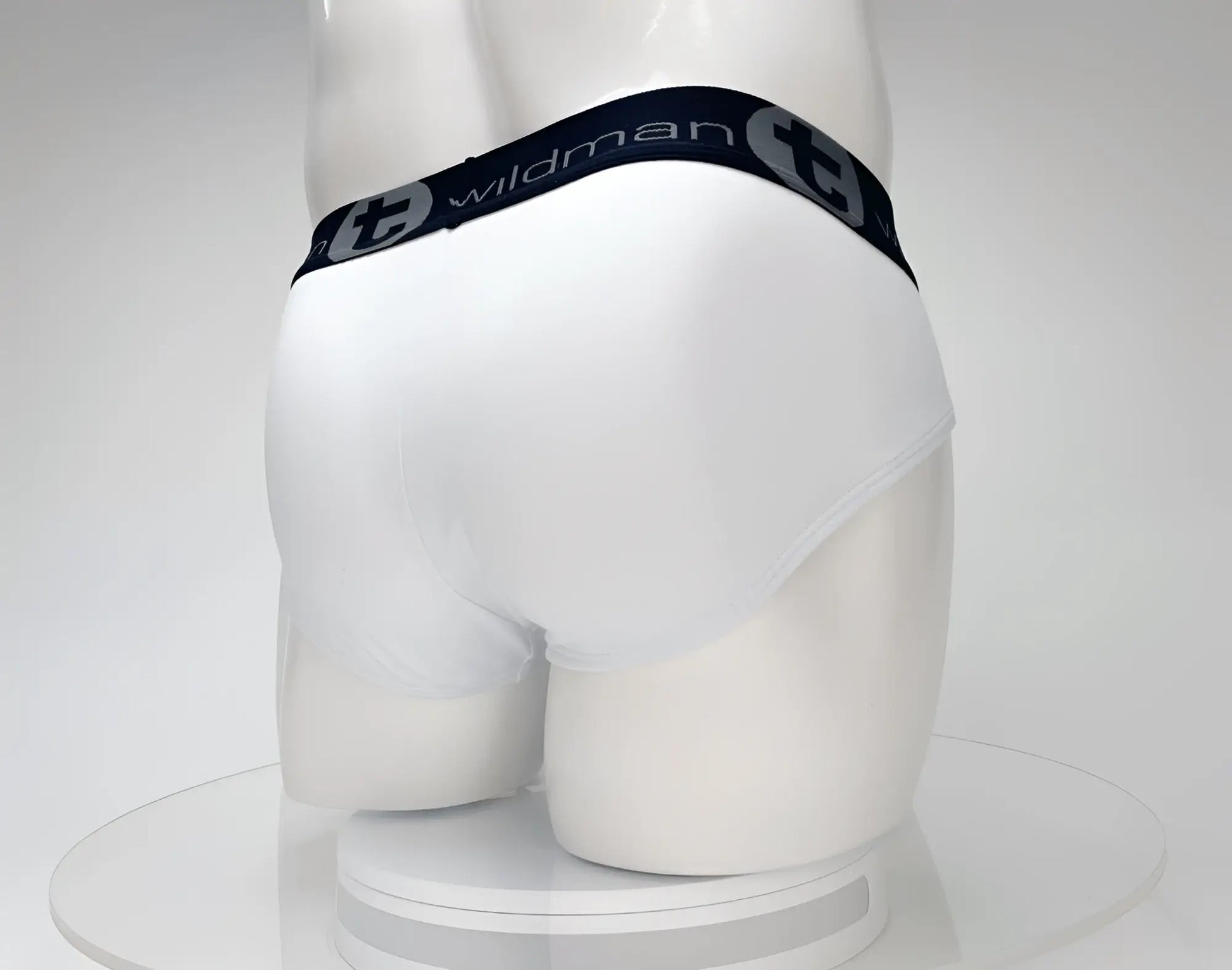 White wildman briefs made of cotton with a black elastic waistband featuring the brand logo and lettering