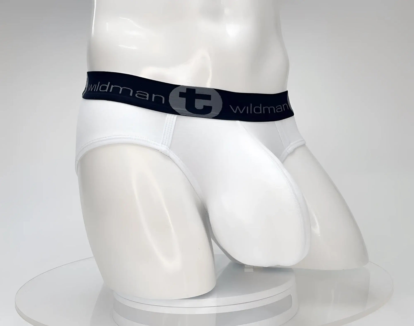 WildmanT cotton monster cock brief white with black elastic waistband featuring wildman logo and circular t emblem