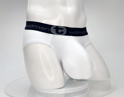 WildmanT cotton monster cock brief white with black elastic waistband featuring wildman logo and circular t emblem