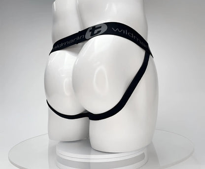 Black elastic waistband wildman cotton monster cock jockstrap on white mannequin showing front design