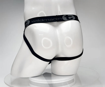 Black cotton jockstrap with wildman branded elastic waistband displayed on white mannequin
