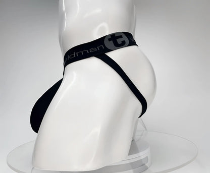 Black men’s cotton briefs with branded waistband featuring t logo and wildman text in the wildmant cotton monster cock jockstrap black product