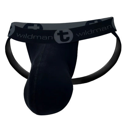 Black wildman cotton monster cock jockstrap with contoured design and elastic waistband featuring wildman logo