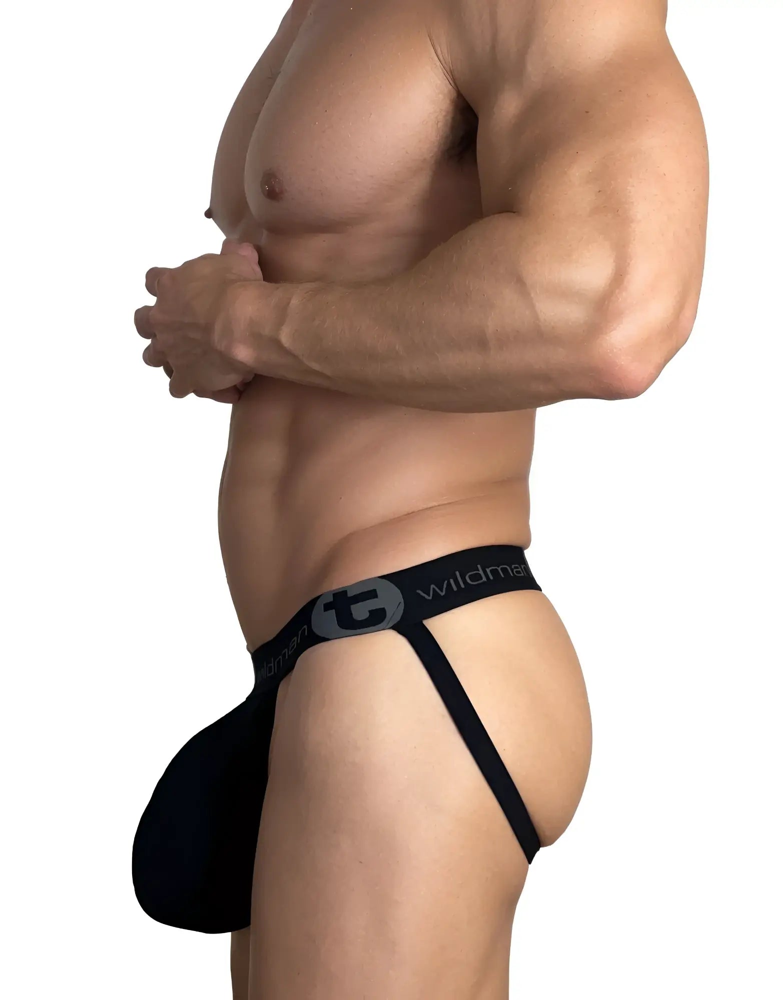 Black wildman cotton monster cock jockstrap with sleek form-fitting design and supportive straps front view