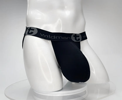 Black WildmanT cotton monster cock jockstrap with stretchy elastic waistband featuring wildman logo and gray circular t emblem