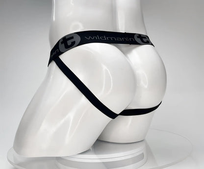 Black wildmanT cotton monster cock jockstrap thong with elastic waistband and side straps shown from back side