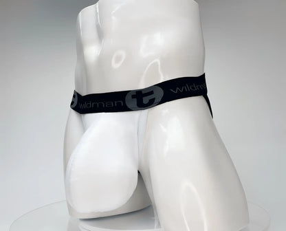 White WildmanT jockstrap with a large front pouch and a black branded waistband on a white mannequin.