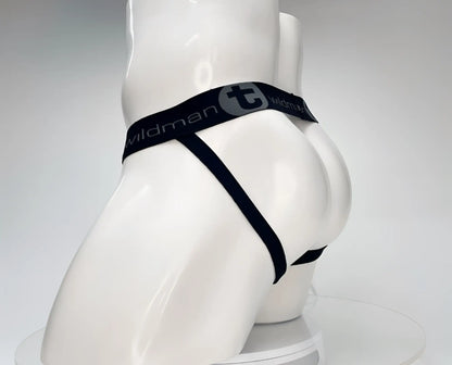 WildmanT black jockstrap with elastic waistband featuring the brand logo on a white mannequin torso.