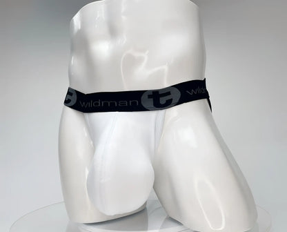 White men’s cotton briefs with black elastic waistband featuring wildman logo and stylized t emblem wildmant cotton monster cock jockstrap white