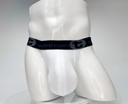 White wildman cotton monster cock jockstrap briefs with black elastic waistband featuring wildman logo and stylized t emblem