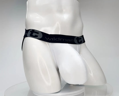 White wildman cotton monster cock jockstrap briefs with black waistband and gray wildman t logo and brand name