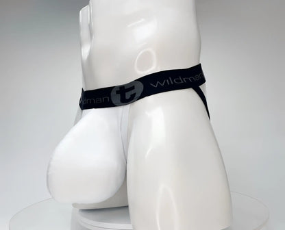 White wildman cotton briefs with black elastic waistband featuring gray wildman logo from wildmant cotton monster cock jockstrap white