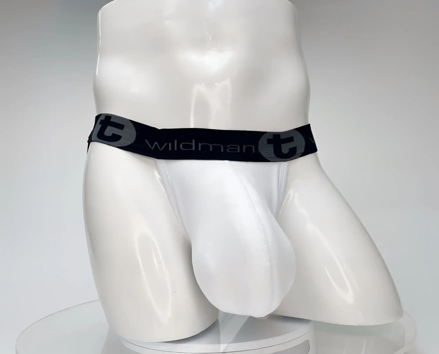 White wildman cotton briefs with black elastic waistband featuring wildman logo and circular t emblem