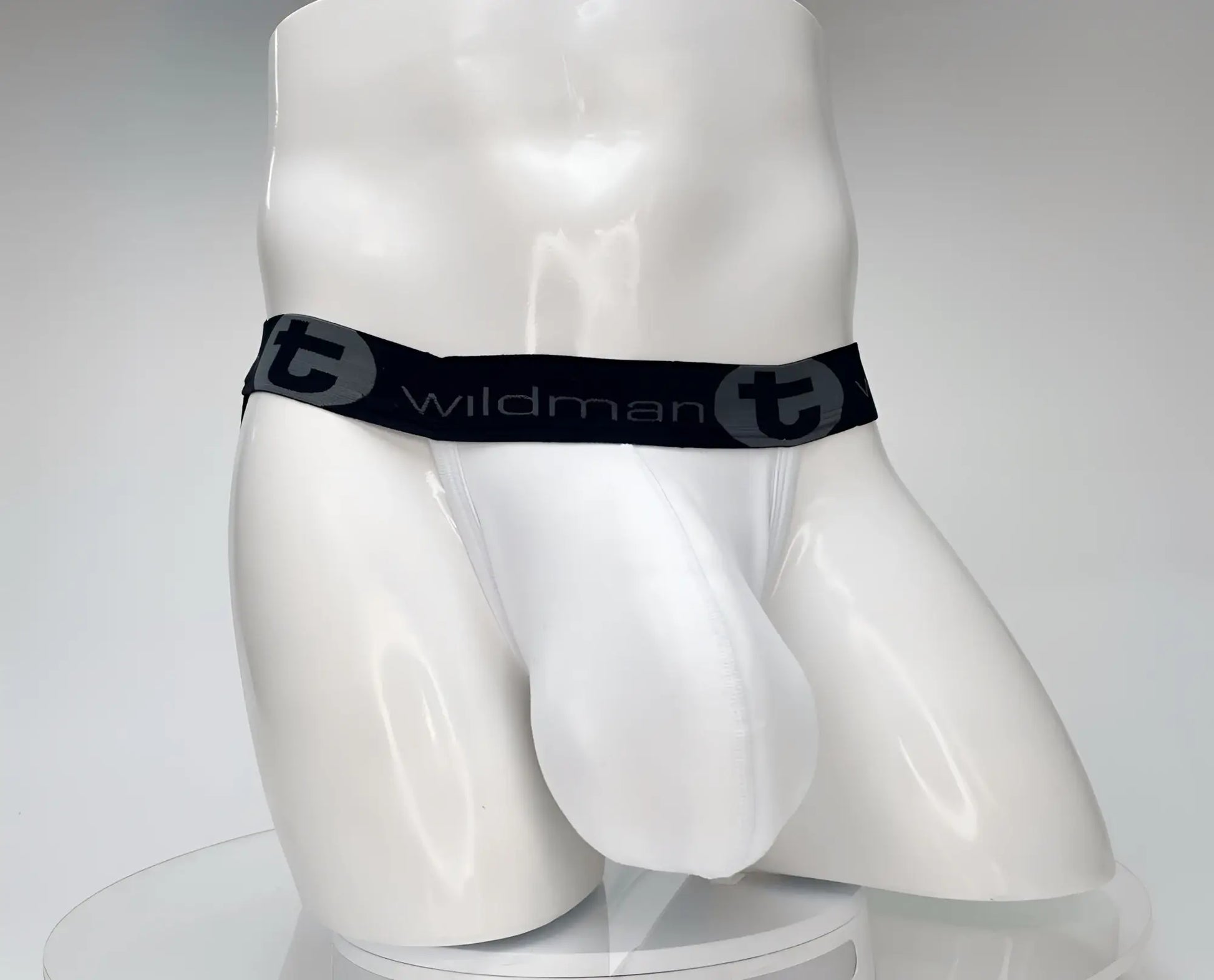 White wildman cotton briefs with black elastic waistband featuring wildman logo and circular t emblem