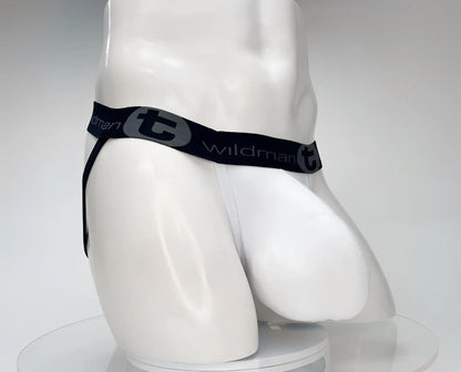 Wildmant cotton monster cock jockstrap white briefs with black elastic waistband and gray wildman t logo