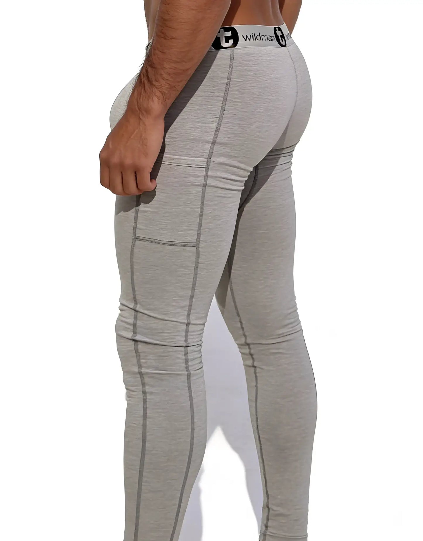 Side view of grey WildmanT long johns with a branded waistband and stitched panel detailing.