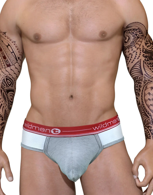 Duo Big Boy pouch briefs featuring a grey contoured pouch, white mesh sides, and a red Wildman logo waistband.