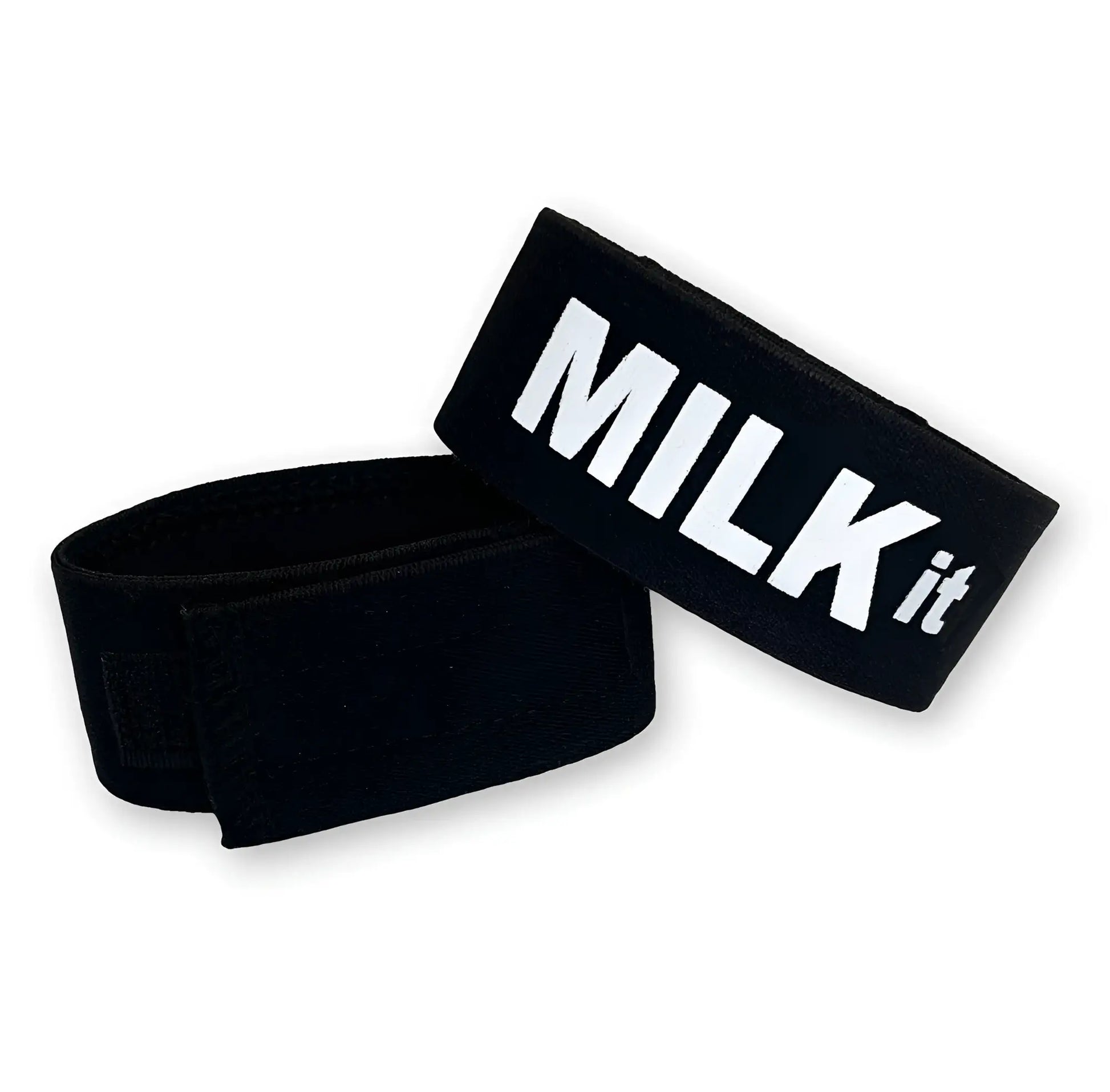 Black elastic wristband with bold white milk it logo for WildmanT fetish max cock-ring product