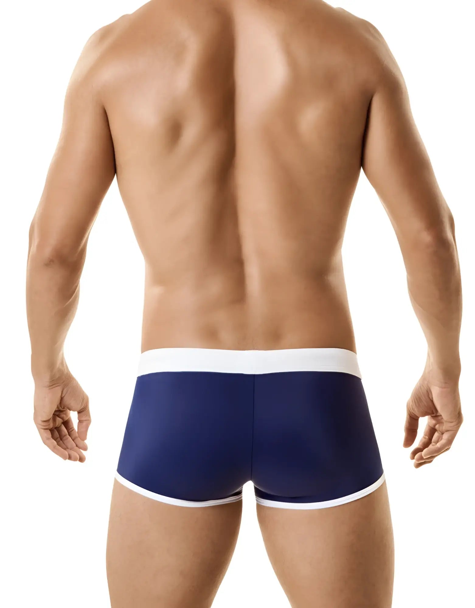 Navy blue wildmant jersey swim briefs with white trim and integrated cock ring designed for swimming and comfort