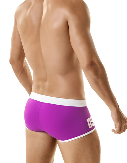 Purple jersey swim trunks with a white waistband, white trim, and a white number 09 graphic on the hip.