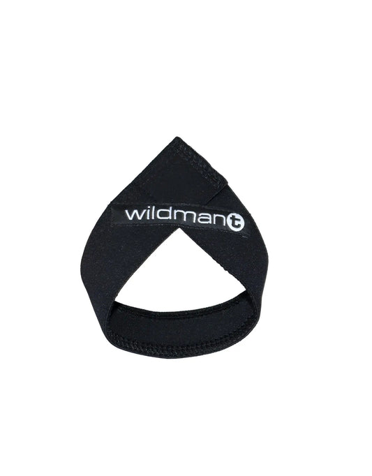 Black neoprene wrist support with wildman branding designed for lifting and heavy workout protection
