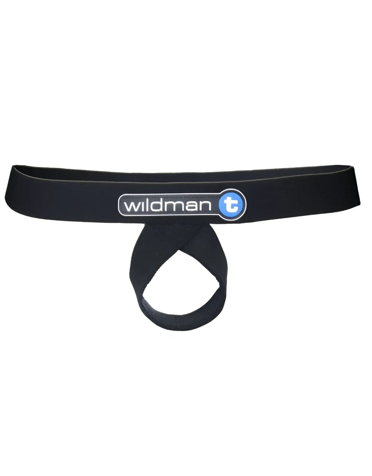 Black elastic waistband with central loop and wildman t logo in white and blue for lift loop support jock black