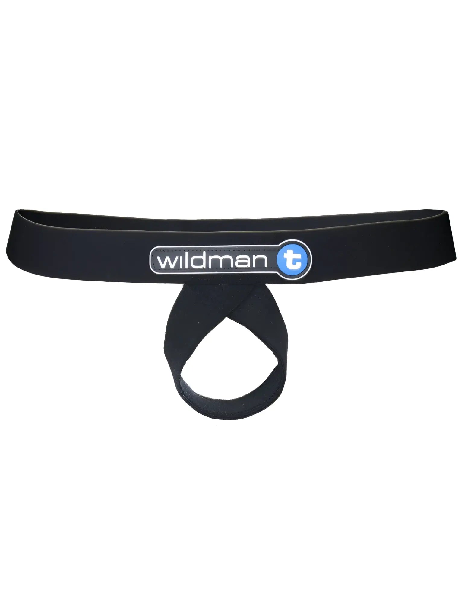 Black elastic waistband with central loop and wildman t logo in white and blue for lift loop support jock black