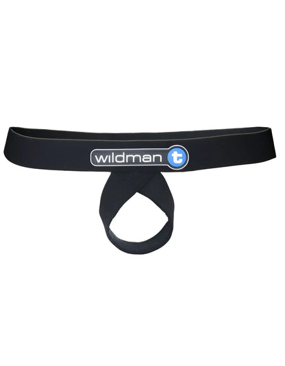Black elastic waistband with central loop and wildman t logo in white and blue for lift loop support jock black