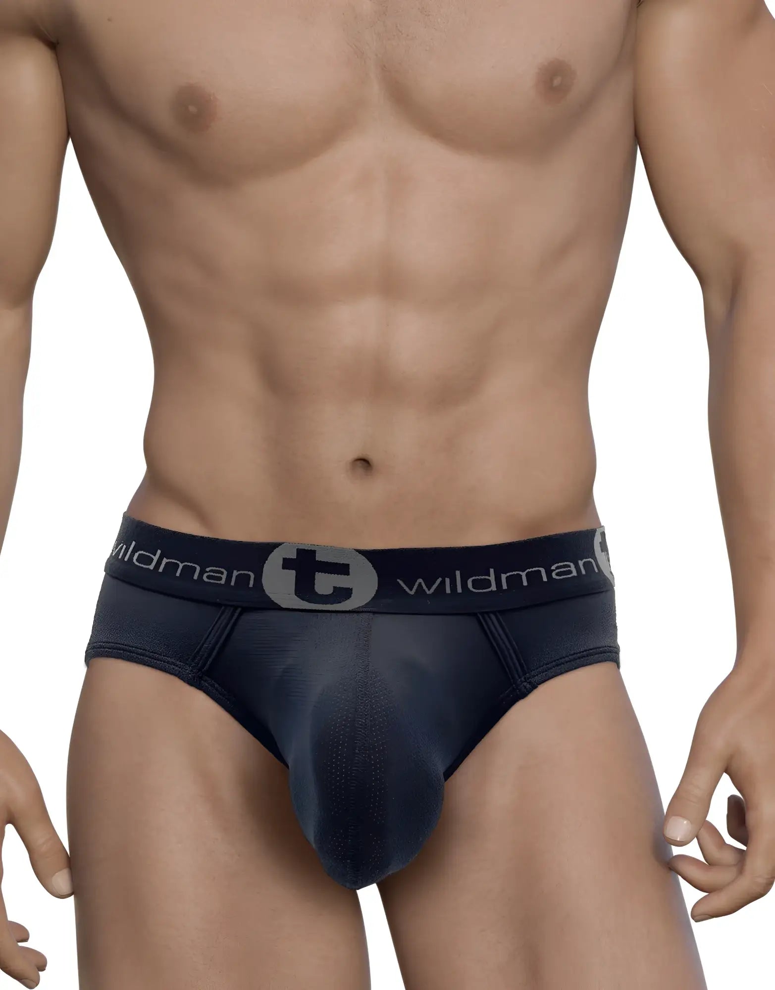 Dark blue denim mesh big boy pouch brief with black elastic waistband featuring wildman brand name and logo