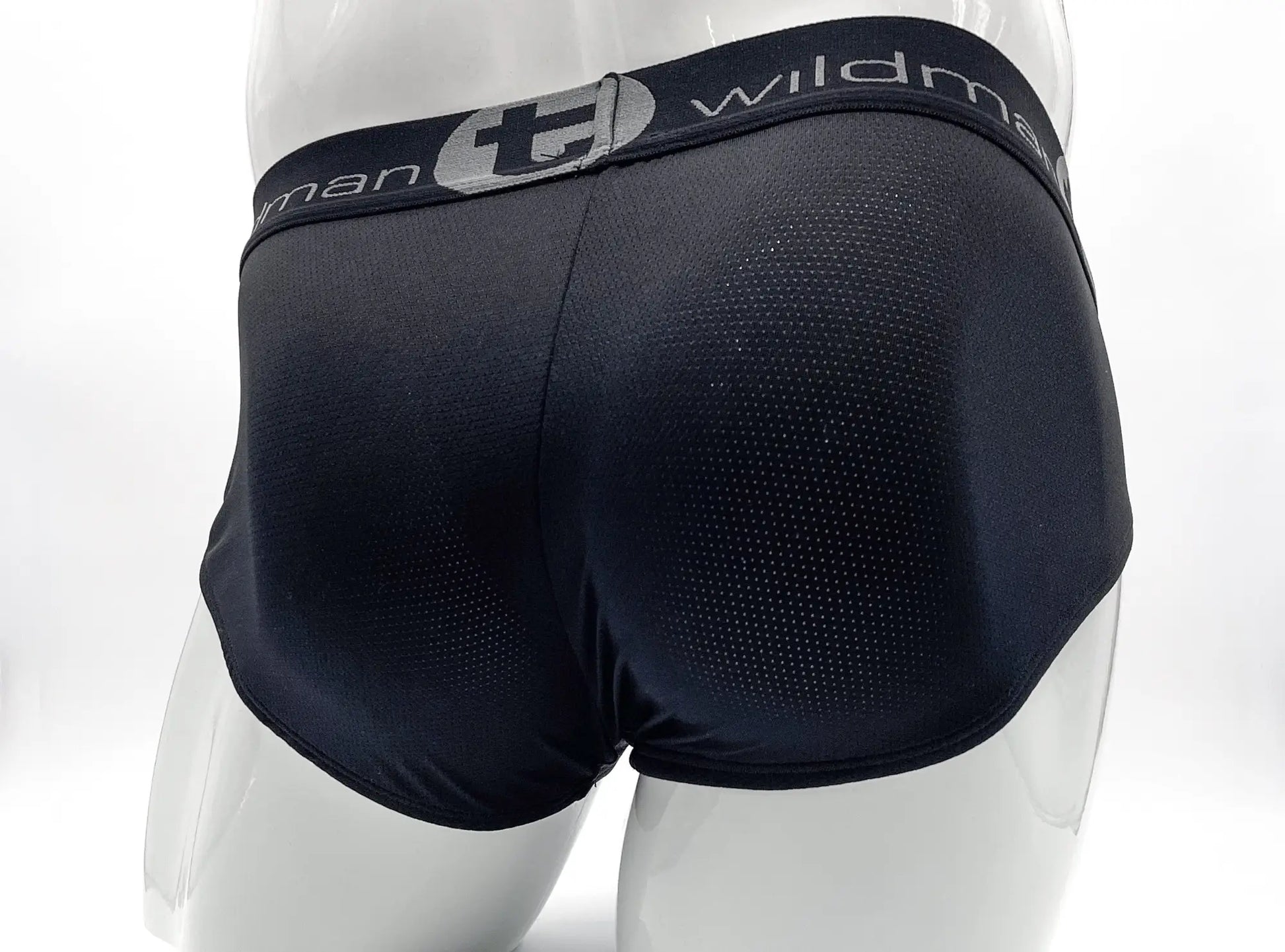 Wildmant mesh big boy pouch brief in black with gray elastic waistband featuring wildman brand logo in front view