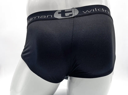 Black mesh briefs with gray elastic waistband featuring wildman logo wildmant mesh big boy pouch brief black