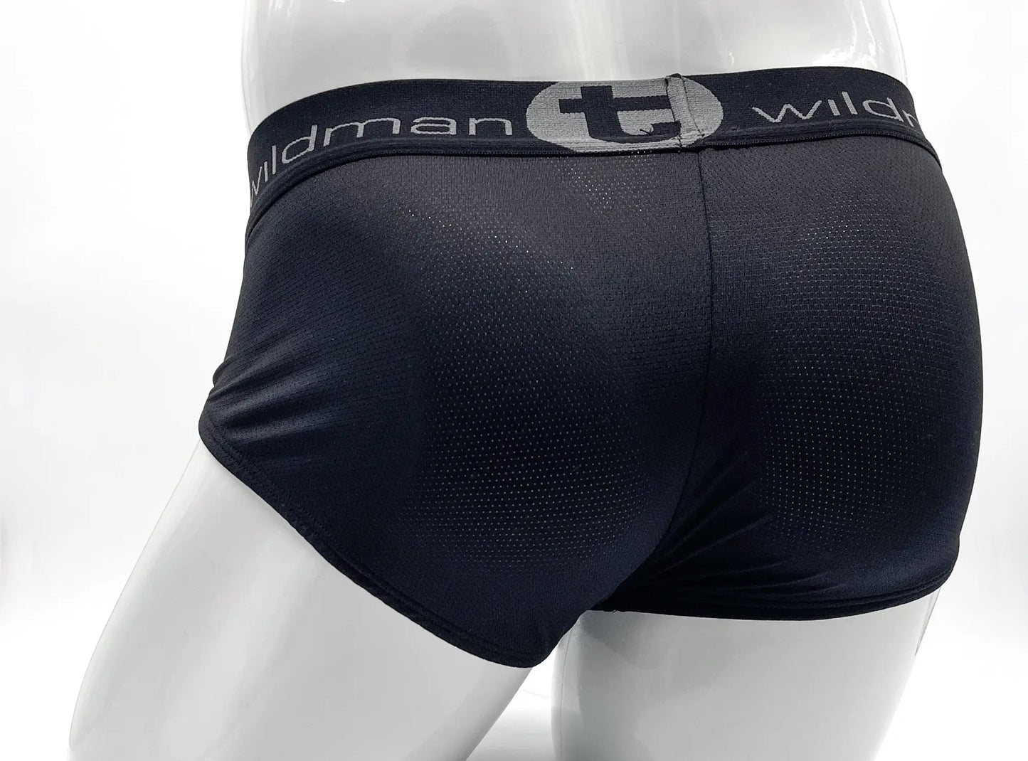 Wildmant mesh big boy pouch brief black with black mesh fabric and gray elastic waistband featuring wildman logo