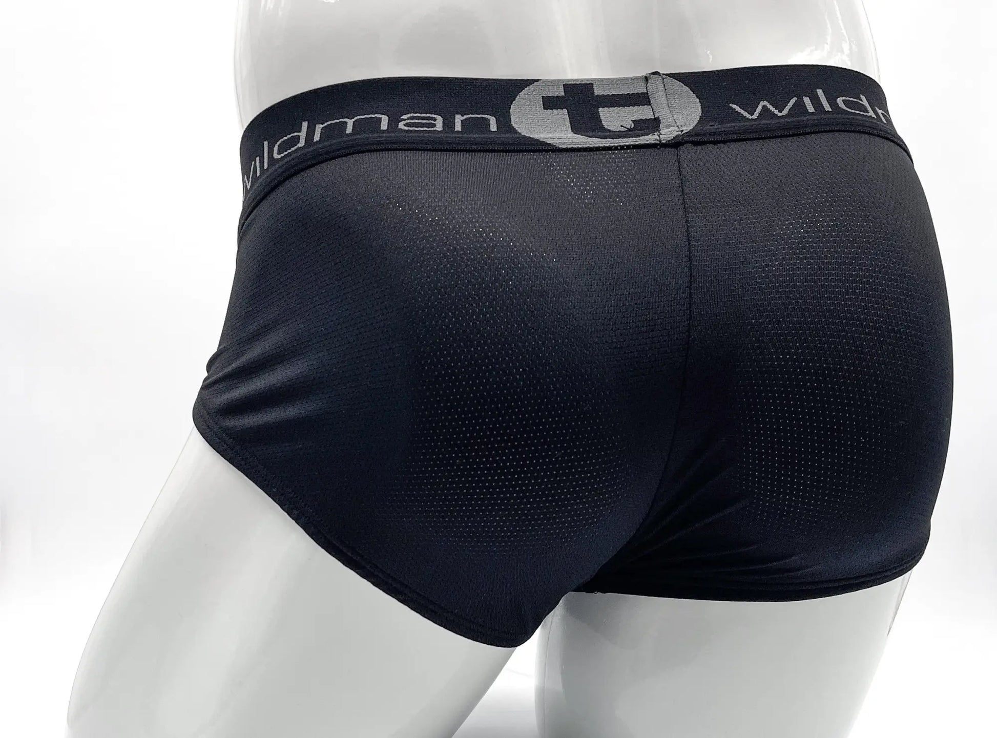 Wildmant mesh big boy pouch brief black with black mesh fabric and gray elastic waistband featuring wildman logo