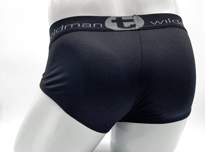 Wildmant mesh big boy pouch brief black with black mesh fabric and gray elastic waistband featuring wildman logo