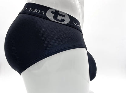 Black wildmant mesh big boy pouch briefs with gray tman logo band and stylized t emblem in front view