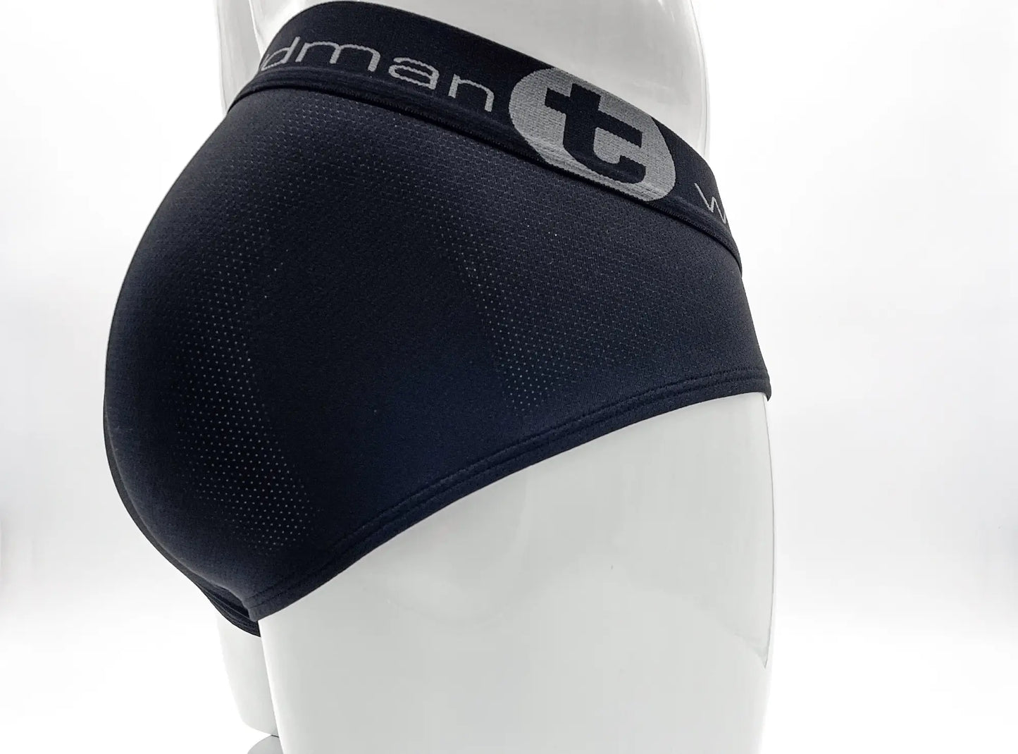 Black mens briefs with perforated mesh texture and gray logo band featuring the t emblem wildmant mesh big boy pouch brief black