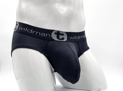 WildmanT mesh big boy pouch brief black with gray logo band and breathable mesh textured front panel