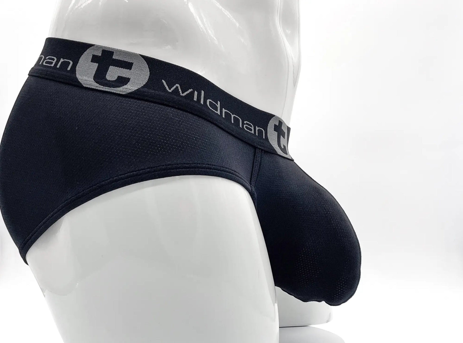 Black wildman mesh big boy pouch briefs with textured fabric and gray logo waistband detailing