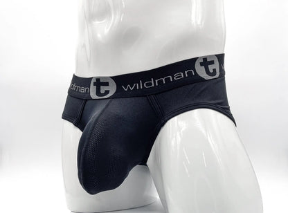 Wildmant mesh big boy pouch brief in black featuring textured mesh fabric and elastic waistband with t logo