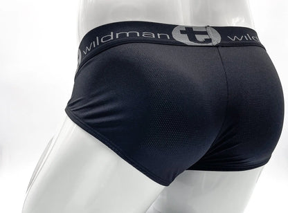 Wildmant mesh big boy pouch brief in black with textured mesh fabric and gray logo trim