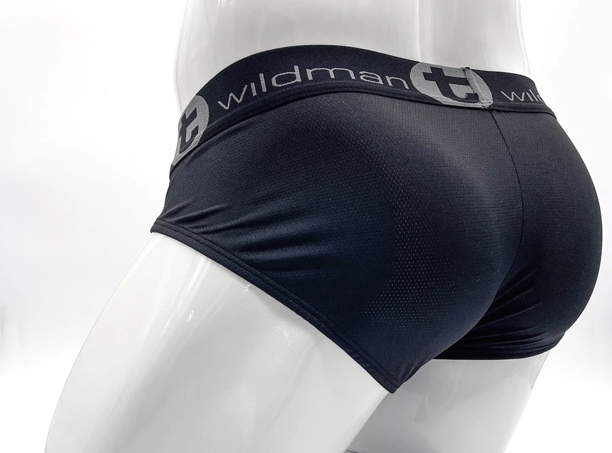 Wildmant mesh big boy pouch brief in black with textured mesh fabric and gray logo trim