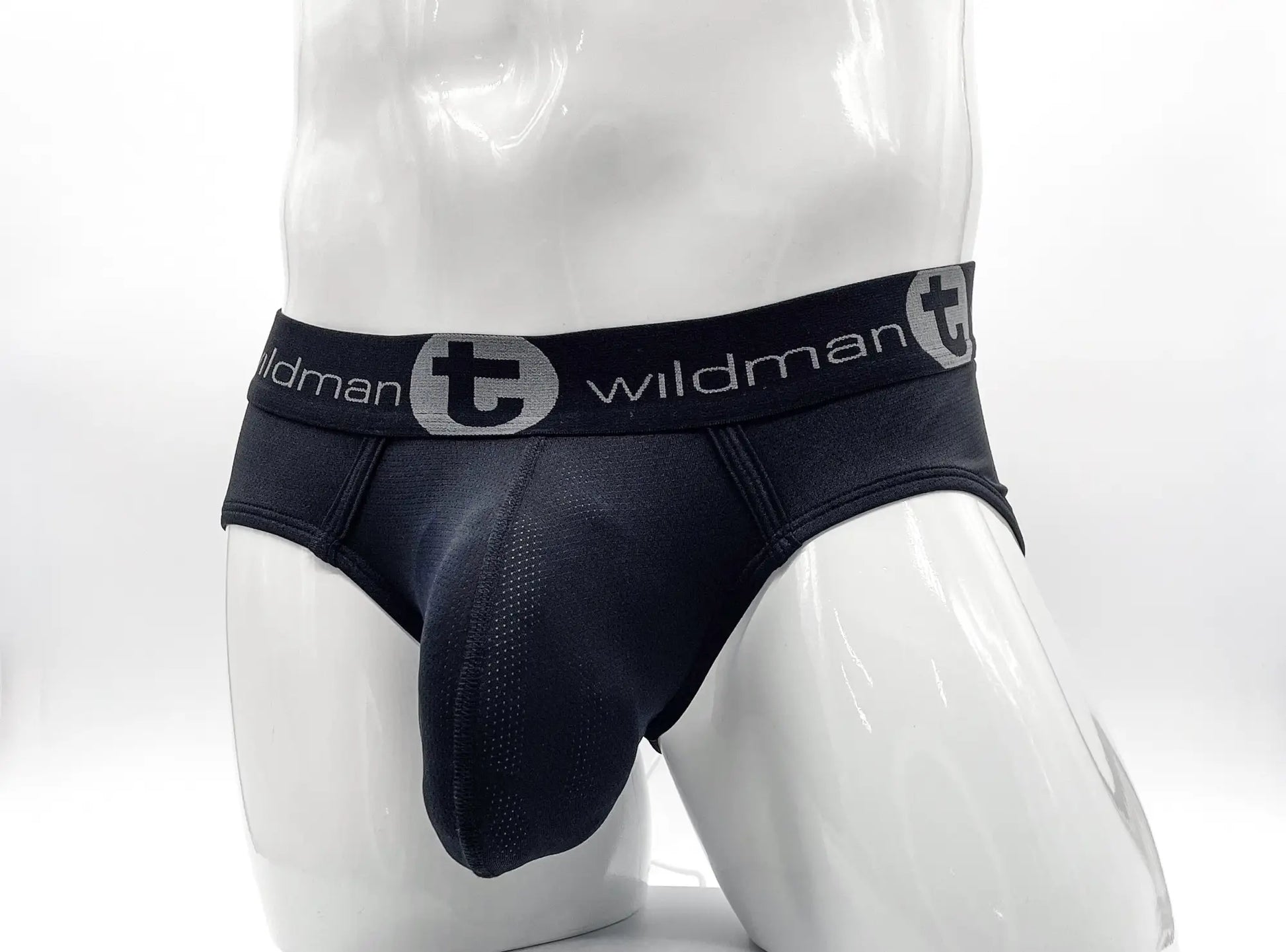 WildmanT mesh big boy pouch brief in black with textured fabric and gray black wildman brand logo band visible